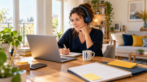 Apprenante organisée suivant une formation professionnelle à distance