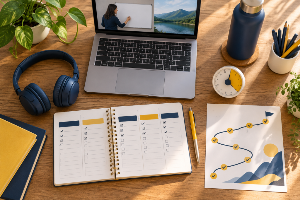 Espace de travail organisé pour réussir une formation en ligne
